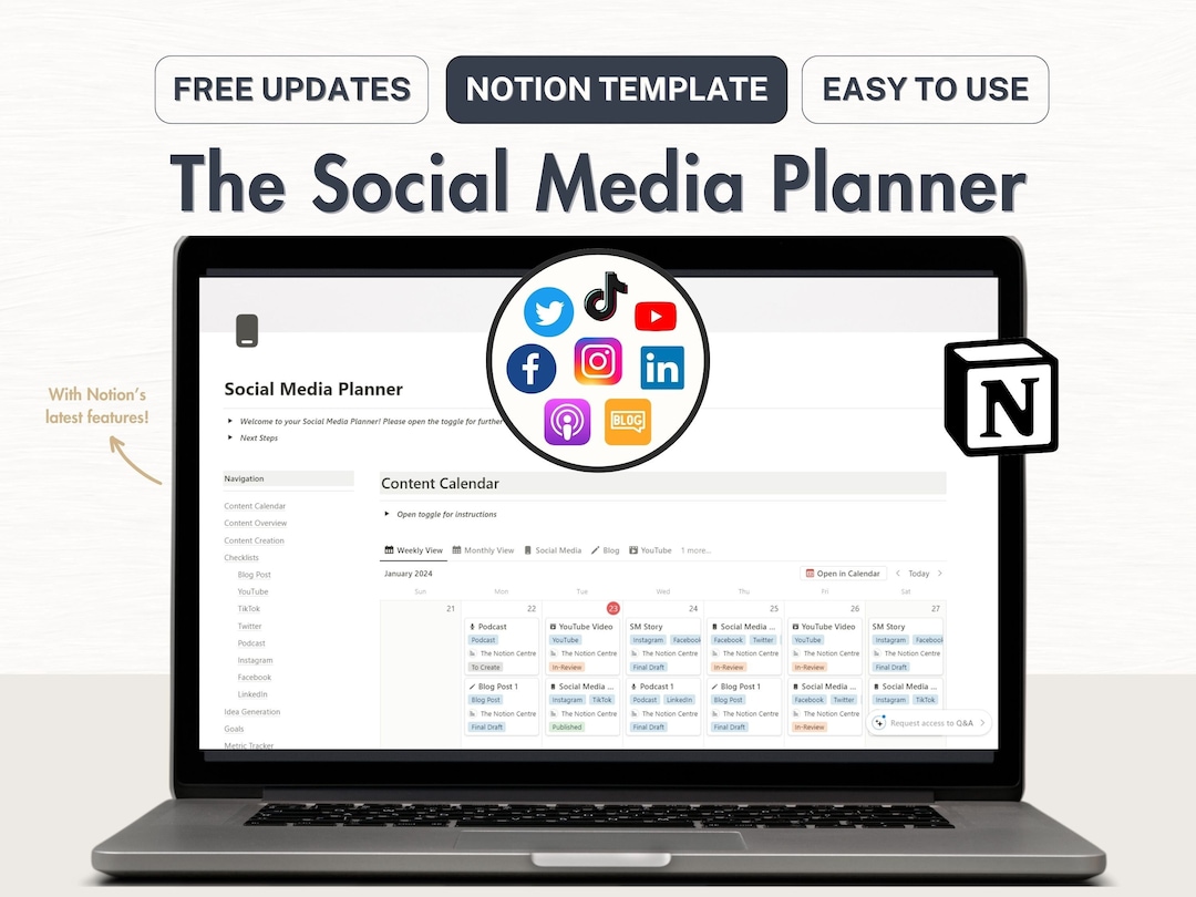 Notion Template Social Media Content Planner, Notion Content Calendar ...