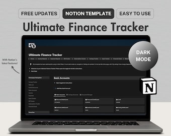 May include: A laptop computer displaying a dark mode Notion template for an ultimate finance tracker. The template includes sections for income reports, expense reports, bill trackers, subscription trackers, savings trackers, and more. The template is optimized for use in dark mode.