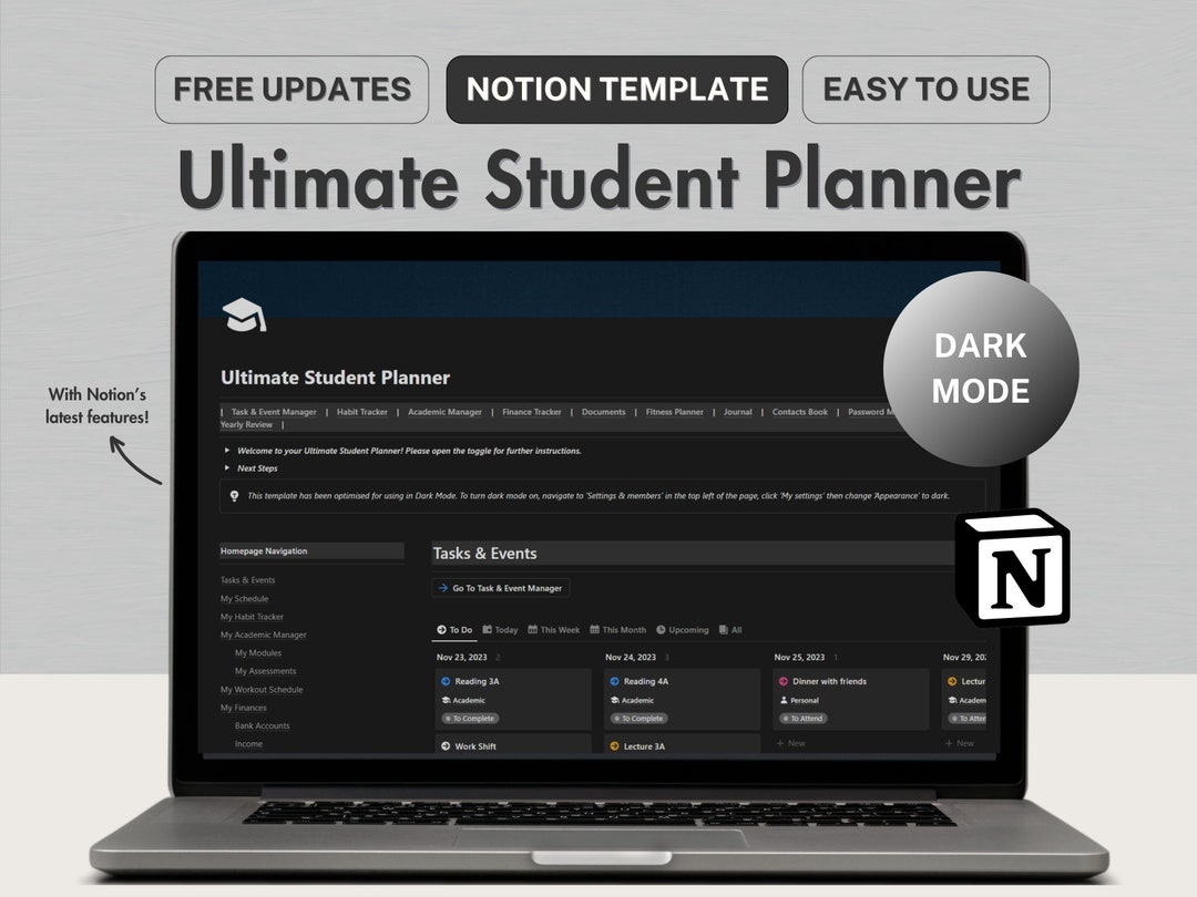 Notion Template Student Planner All in One Notion Planner, Dark Mode ...