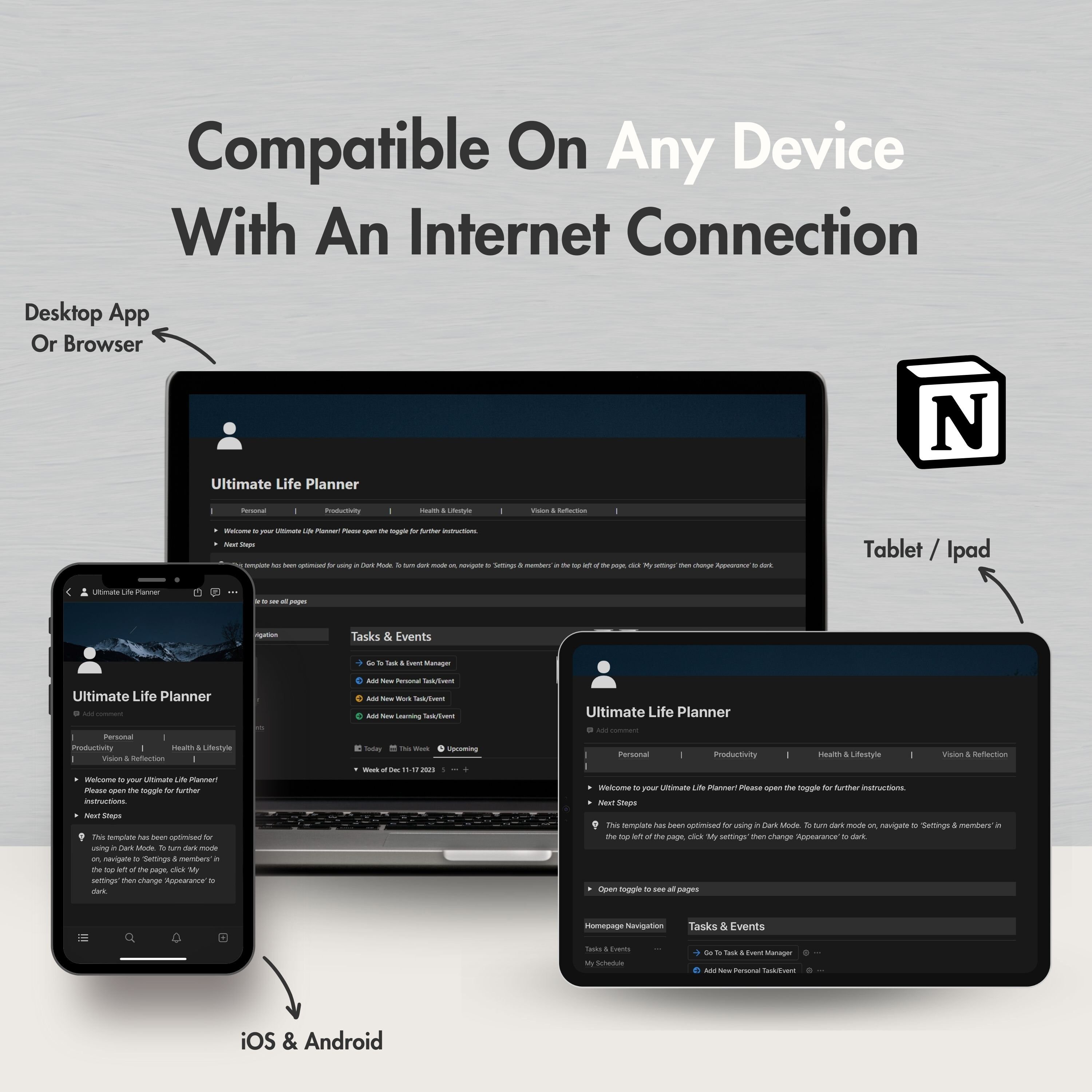 Notion Template Ultimate Life Planner All in One Notion Planner, Dark ...