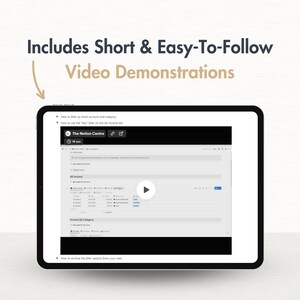 May include: A screenshot of a computer screen showing a video tutorial on how to use the "Year" filter in the "All Income" tab of a Notion workspace. The video is titled "The Notion Centre" and is 14 seconds long. The video shows how to filter by bank account and category, and how to archive filter options from a view.