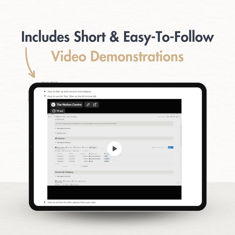 May include: A screenshot of a computer screen showing a video tutorial on how to use the "Year" filter in the "All Income" tab of a Notion workspace. The video is titled "The Notion Centre" and is 14 seconds long. The video shows how to filter by bank account and category, and how to archive filter options from a view.