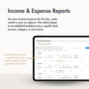 May include: A screenshot of a mobile app interface showing a table with income and expense reports. The table is organized by category, date, amount, and bank account. The categories include Business, Eating Out, and Groceries. The date is 07/12/2023. The amounts are $20.49, $50.00, and $105.00.