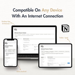 May include: A screenshot showing a website and mobile app interface for a finance tracker. The website and app are compatible with desktop, tablet, and mobile devices. The website and app are labeled "Ultimate Finance Tracker".