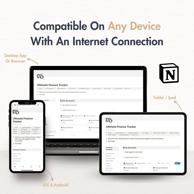 May include: A screenshot showing a website and mobile app interface for a finance tracker. The website and app are compatible with desktop, tablet, and mobile devices. The website and app are labeled "Ultimate Finance Tracker".