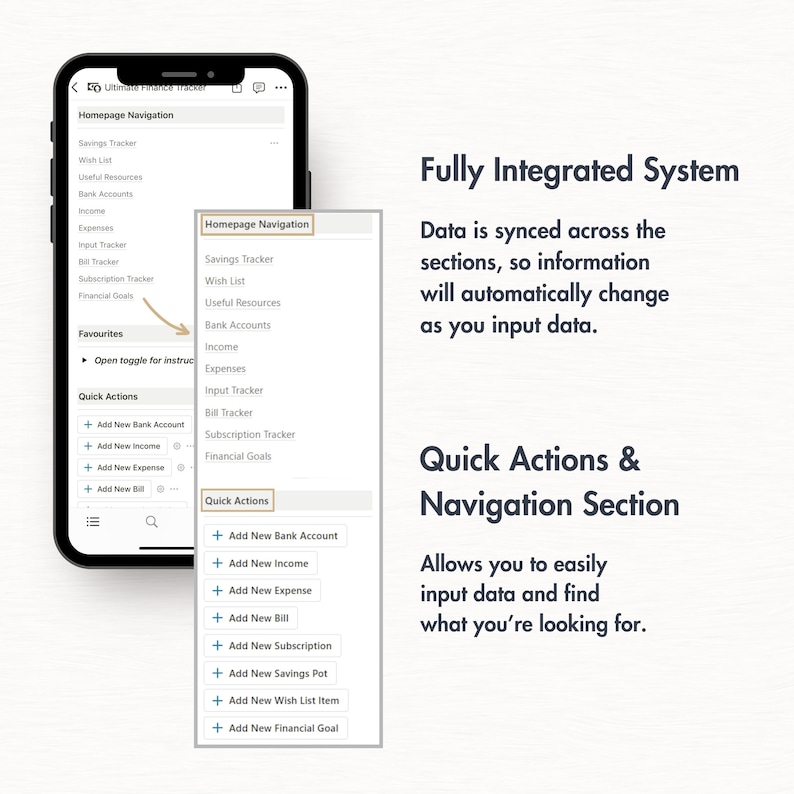 May include: A screenshot of a mobile app interface showing a list of features for a personal finance tracker. The app features include savings tracker, wish list, useful resources, bank accounts, income, expenses, input tracker, bill tracker, subscription tracker, and financial goals. The app also has a quick actions section with options to add new bank accounts, income, expenses, bills, subscriptions, savings pots, wish list items, and financial goals. The text "Fully Integrated System" and "Quick Actions & Navigation Section" are also visible on the screen.