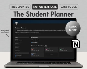 Puede incluir: Una pantalla de computadora portátil que muestra una plantilla de Notion en modo oscuro para un planificador de estudiantes. La plantilla incluye secciones para navegación, módulos, acciones rápidas y un botón de alternancia para el modo oscuro. El texto "Student Planner" y "My Modules" es visible en la pantalla.