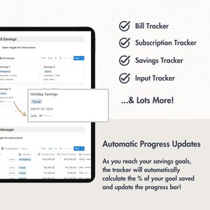 May include: A screenshot of a tablet displaying a savings tracker app. The app has a list of different savings goals, including emergency, travel, and house. The app also shows the progress made towards each goal, with a progress bar indicating the percentage complete. The app also has a feature that automatically updates the progress bar as you reach your savings goals.