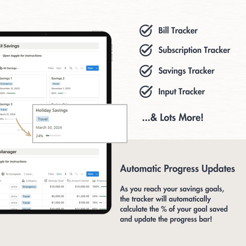 May include: A screenshot of a tablet displaying a savings tracker app. The app has a list of different savings goals, including emergency, travel, and house. The app also shows the progress made towards each goal, with a progress bar indicating the percentage complete. The app also has a feature that automatically updates the progress bar as you reach your savings goals.
