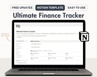 Puede incluir: Un ordenador portátil que muestra una plantilla de Notion para un rastreador financiero definitivo. La plantilla incluye secciones para informes de ingresos, informes de gastos, rastreador de facturas, rastreador de suscripciones, rastreador de ahorros, rastreador de entradas, objetivos financieros y lista de deseos. La plantilla también incluye una sección para cuentas bancarias, con opciones para agregar nuevas cuentas bancarias y ver los saldos de las diferentes cuentas.