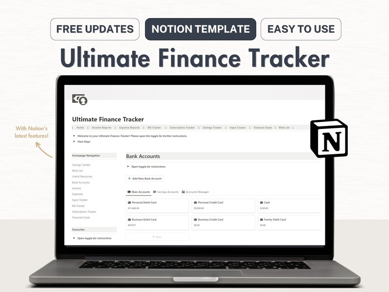 May include: A laptop computer displaying a Notion template for an Ultimate Finance Tracker. The template includes sections for income reports, expense reports, bill tracker, subscription tracker, savings tracker, input tracker, financial goals, and wish list. The template also includes a section for bank accounts, with options to add new bank accounts and view balances for different accounts.