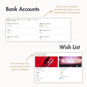 May include: A screenshot of a computer screen showing a mock-up of a personal finance app. The app has a section for bank accounts and a wish list. The bank accounts section shows a list of accounts with balances, including a personal debit card, cash, a business credit card, a personal credit card, a business debit card, and a family debit card. The wish list section shows two items: running shoes and concert tickets. The running shoes are red and white and are priced at $120.00. The concert tickets are priced at $150.00.