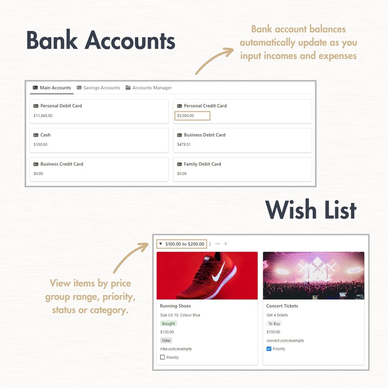 May include: A screenshot of a computer screen showing a mock-up of a personal finance app. The app has a section for bank accounts and a wish list. The bank accounts section shows a list of accounts with balances, including a personal debit card, cash, a business credit card, a personal credit card, a business debit card, and a family debit card. The wish list section shows two items: running shoes and concert tickets. The running shoes are red and white and are priced at $120.00. The concert tickets are priced at $150.00.