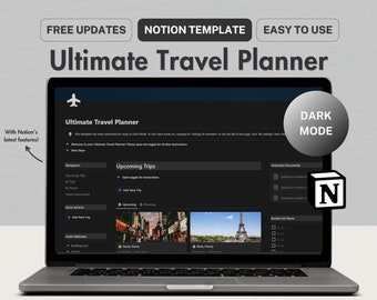 Notion Template Travel Planner, Notion Travel Organizer, Dark Mode Notion Vacation Itinerary, Notion Travel Journal, Notion Travel Checklist