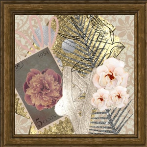 May include: A vintage-style collage featuring a gold and silver glitter background with a black and white bird illustration, a pink peony flower on a 1954 5-cent stamp, and three pink roses.
