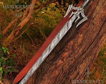 Espada vikinga de acero de Damasco hecha a mano, réplica nórdica bárbara con funda de cuero.