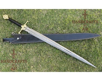 Handmade Damascus Steel Viking Sword with Leather Sheath, Cosplay Display Gift