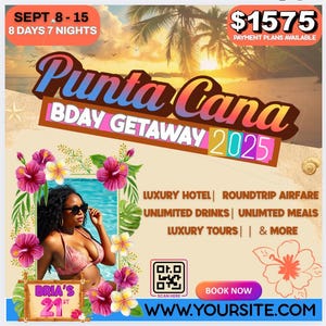 Punta Cana Birthday Getaway Flyer: Tropical Sunset Party (Editable Template, Digital Download)