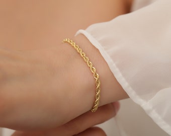 14K Gold Rope Bracelet, Dainty Gold Bracelet, Silver Gold Filled Bracelet, 3.3 mm Gold Rope Bracelet Minimal Italian Rope Gold Bracelet