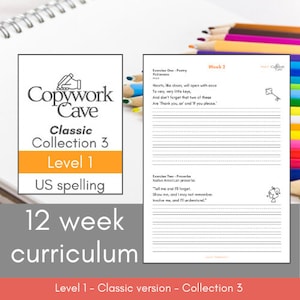 Może przedstawiać: Strona z zeszytu ćwiczeń z liniowaną przestrzenią do pisania i tekstem z "Copywork Cave" Classic Collection 3, Poziom 1, amerykańska pisownia. Strona zawiera poezję i przysłowia, z 12-tygodniowym programem nauczania.