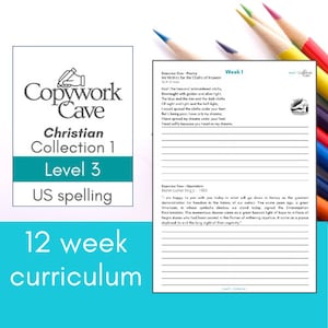 May include: A 12-week Christian curriculum for level 3 US spelling. The curriculum includes poetry and quotations from Martin Luther King Jr. The cover features a blue and green design with the text "Copywork Cave" and "Christian Collection 1".