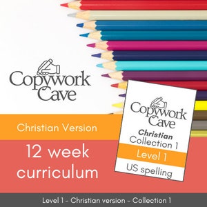 May include: A 12-week Christian version copywork curriculum for US spelling, level 1, from Copywork Cave. The image shows a colorful background with colored pencils and a close-up of the curriculum cover.