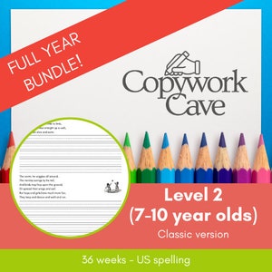 May include: A colorful image with a white sheet of paper with lined writing space and a simple illustration of two children playing. The paper has the text "Copywork Cave" and "Level 2 (7-10 year olds) Classic version" and "36 weeks - US spelling". The image also has a row of colored pencils.
