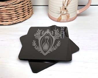 Feminist Home Decor Gift For Her Yoni Coaster Set with Floral Vulva Black Coffee Table Drinks Coaster Minimalist Coffee Table Accessories