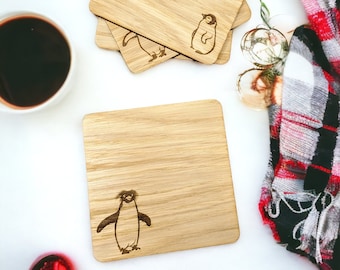 Wooden Penguin Coaster Set - Coffee Table Drinks Coaster - Oak - Wine Coaster Set of Four - Penguin Gift Set - Penguin Birthday