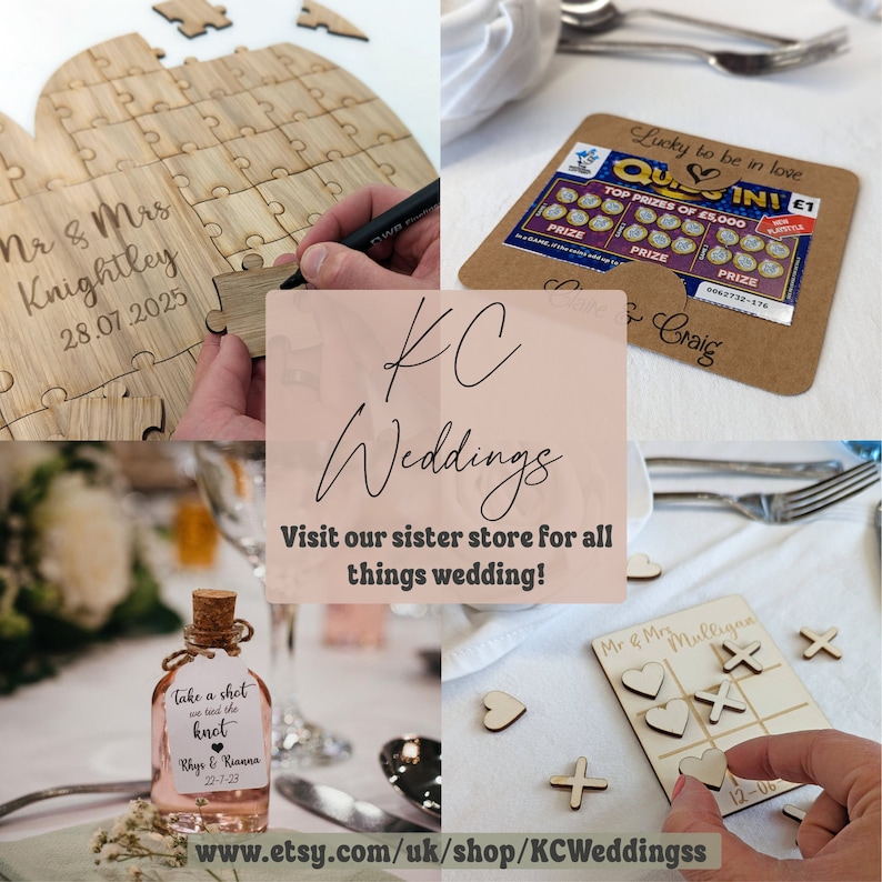 May include: A collage of wedding-themed items. Includes a wooden heart-shaped puzzle with names and a date, a scratch-off card, a bottle with a tag, and a wooden tic-tac-toe game. The text "KC Weddings" is also visible.