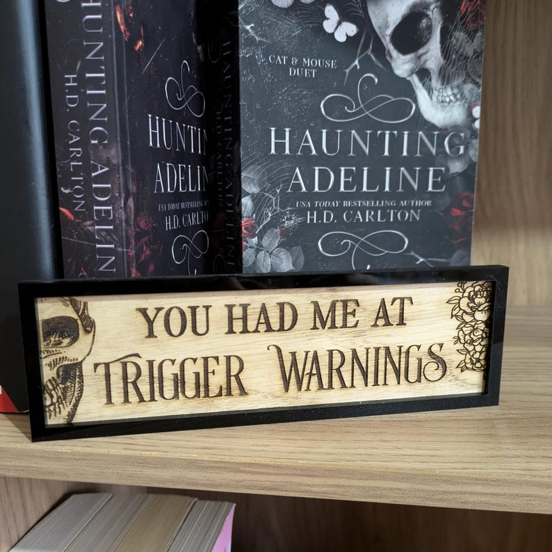 Trigger Warnings Bookshelf Sign Wood Library Sign Gift For Her Dark Romance Reading Gift Bookshelf Decor Book Nook Gift Haunting Adeline image 3