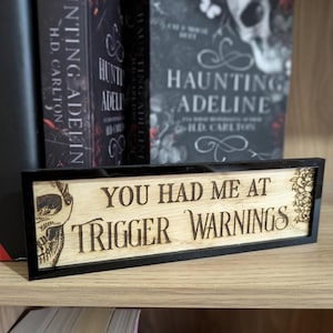 Trigger Warnings Bookshelf Sign Wood Library Sign Gift For Her Dark Romance Reading Gift Bookshelf Decor Book Nook Gift Haunting Adeline image 1