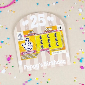 May include: A birthday card with a lottery ticket. The card is beige with vertical stripes and the number 25 at the top. The lottery ticket is yellow and features the text "MULTIPLIER" and "Poppy's Birthday".