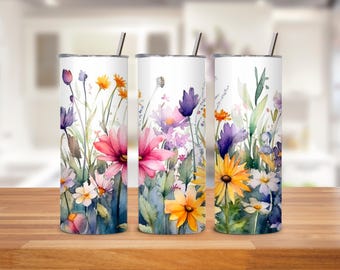 Boho Wildflowers 20oz Tumbler Wrap - Skinny Tumbler - Floral Tumbler PNG Design - Rustic Flower Sublimation Design - Instant Download