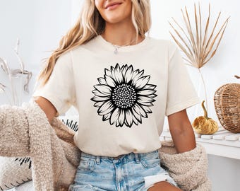 サンフラワーシャツ - レディース フローラルプリントTシャツ、ヴィンテージガーデンスタイル
