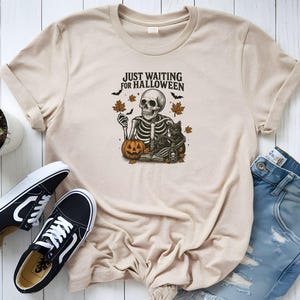 Just Waiting for Halloween T-Shirt – Funny Spooky Season Graphic Tee – Halloween Lover Shirt – Fall Countdown Tee – Unisex October Vibes Tee