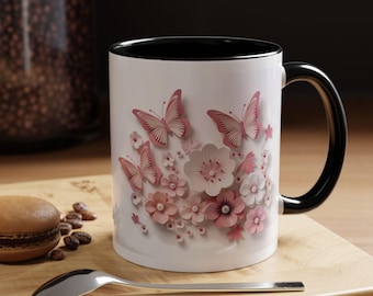 3D Butterfly Floral Mug - Pink Floral Mug, Floral Coffee Cup, Butterfly Lover Gift, Mother's Day Mug, Unique Tea Mug, Ceramic Flower Mug