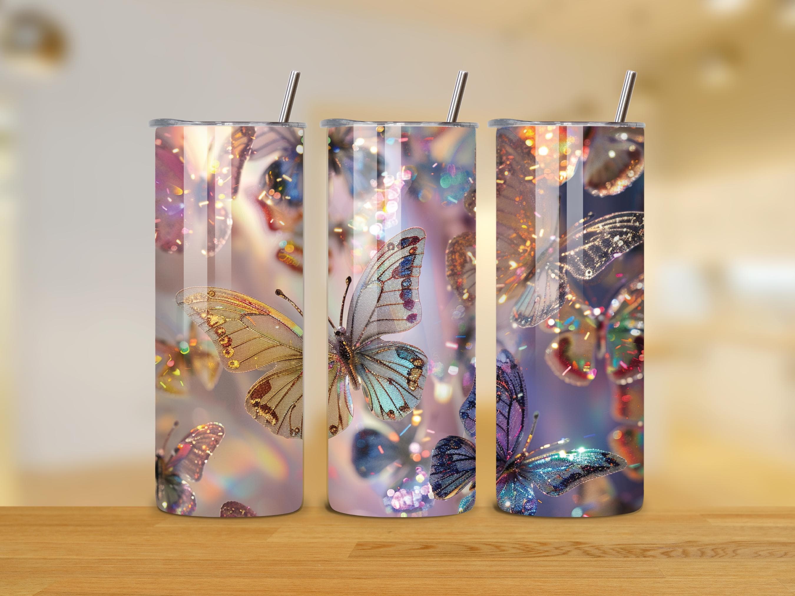 3D Butterfly Tumbler Wrap - 20oz Skinny Tumbler - Glitter Tumbler PNG Design - Shimmering Sublimation Design - Instant Download