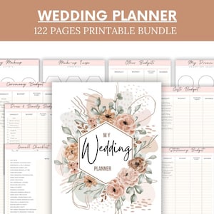 May include: A printable wedding planner with a floral design. The cover features a hexagon with the text "My Wedding Planner" in gold lettering. The planner includes 122 pages and is designed to help couples plan their wedding.