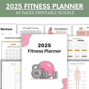Könnte beinhalten: Ein druckbares 2025 Fitness-Planer-Paket mit 65 Seiten. Das Cover zeigt ein rosa Gewicht und einen rosa Gymnastikball mit dem Text "2025 Fitness Planner". Das Paket enthält Seiten für tägliche Workouts, Krafttraining, eine 30-Tage-Squat-Challenge, wöchentliche Essensplanung, Schwangerschaftsgewichtsverfolgung und mehr.