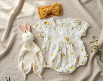 White And Yellow Baby Girl Gift Set, Embroidered Floral Baby Romper Gift Set With Cotton Bunny Toy And Headband