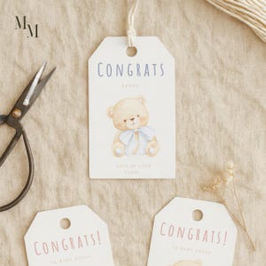 May include: White gift tags with the word "CONGRATS" in blue or pink lettering. One tag features a teddy bear illustration with a blue bow. The tags are tied with twine and are suitable for baby showers or new baby gifts.