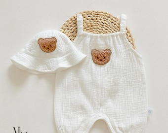 Cotton Baby Romper Teddy Bear Outfit Set Summer Clothes Baby Gift Newborn Photography Outfit White Cotton Set Beach Wear Simple Infant Style