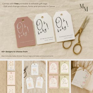 May include: Gift tags with the text "Oh baby!" in a script font. The tags are in pink and white, with gold scissors. The tags also say "Congratulations! Love, Clare." The image also includes other baby shower favor tags.