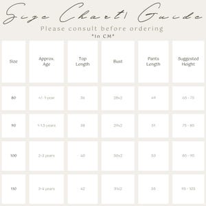 May include: A size chart guide for children's clothing, with measurements in centimeters. The chart includes sizes 80 to 110, with corresponding age ranges, top lengths, bust measurements, pants lengths, and suggested heights.