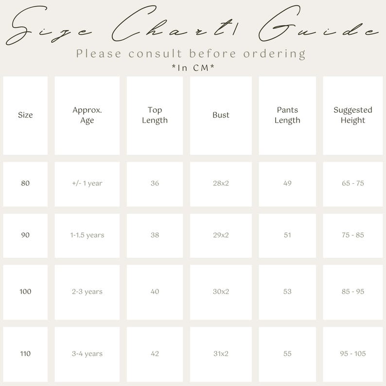 May include: A size chart guide for children's clothing, with measurements in centimeters. The chart includes sizes 80 to 110, with corresponding age ranges, top lengths, bust measurements, pants lengths, and suggested heights.