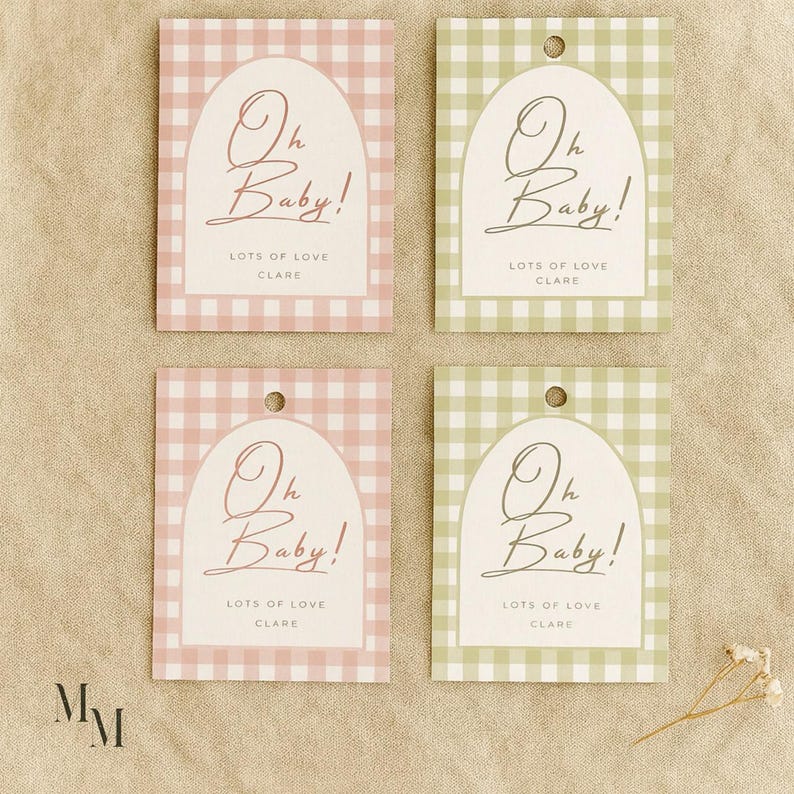 May include: Four baby shower gift tags. Each tag has a gingham pattern in pink or green. The text "Oh Baby!" is in a script font, with "LOTS OF LOVE CLARE" below. Each tag has a hole at the top.