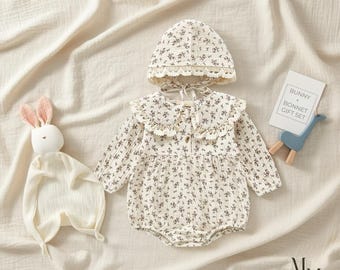 Baby Girl Gift Set, Cotton Baby Romper With Matching Bonnet Cute Clothing For Baby Girl Gift Idea Cotton Bunny Toy Baby Girl Clothing Cute
