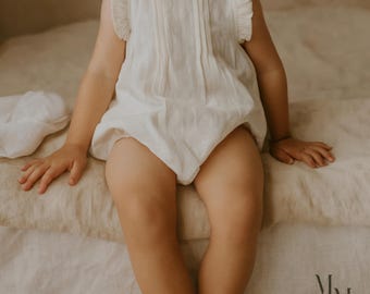 Linen Summer Onesie For Baby Girls, Ruffle Cottage Core Jumpsuit, 0 - 24 Months Linen Romper For Girls and Toddlers, Cute Photoshoot Outfit