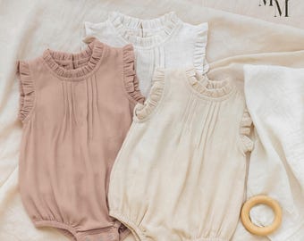Summer Linen Onesie For Baby Girls, Cottage Core Ruffle Romper, Cotton Clothing For Girls, Cute Infant Jumpsuit, Outfit For Baby Photoshoot